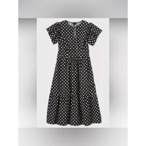 Who What Wear Black Cotton Cream Polka Dot Dress Pockets V Tie Neck M Tiered